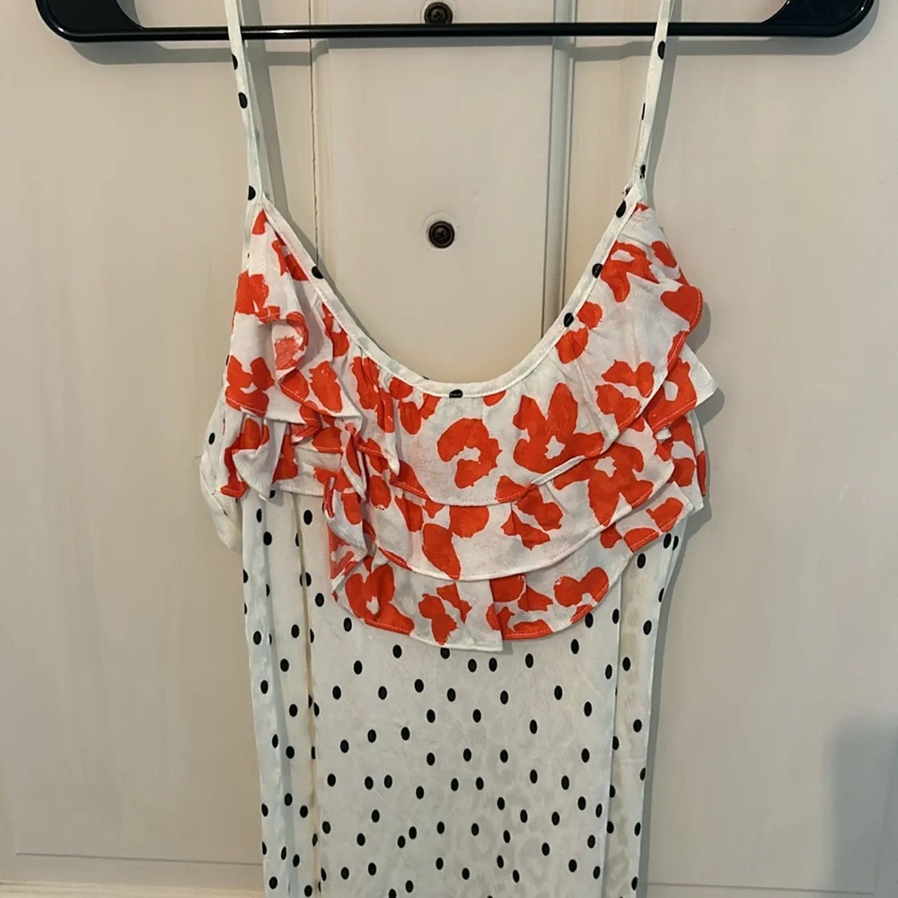 RIXO White Slip Midi Dress with Red Floral Bodice and Black Dot Print - Picture 2 of 4